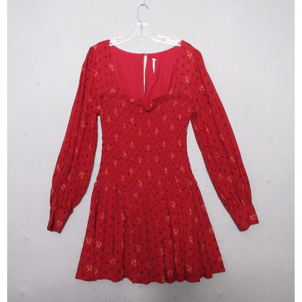 Free People Dress Small Red Two Faces Mini Smocked Floral Valentine Day Festival